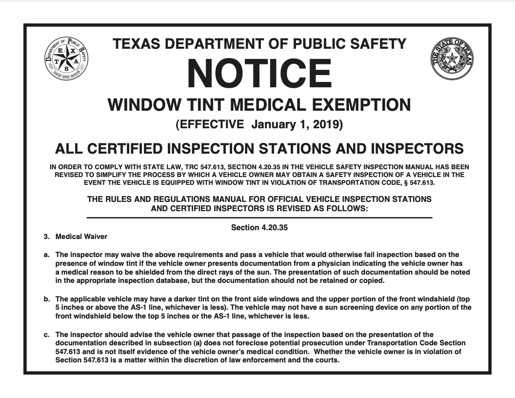Texas Window Tint Med Exempt Notice