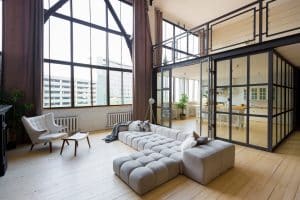 Trendy,Modern,Design,Two-level,Apartment,With,Large,High,Windows.,The